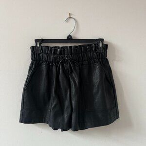 High Waisted Wide Leg Black Faux Leather Shorts for Women